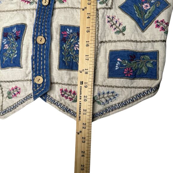 Tantrums Women's Beige Floral Embroidered Vest M | Boho Cottagecore Button-Up - Picture 9 of 9